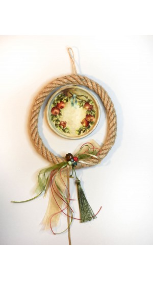 Ceramic charm pendant with pomegranate wreath design