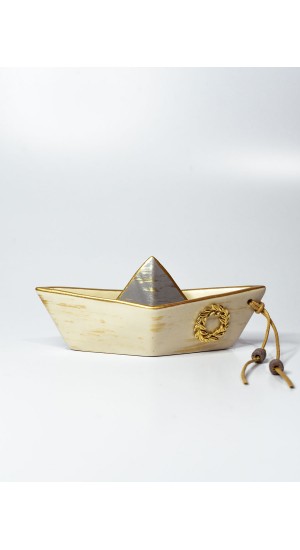 Ceramic boat made in Greece with metal element wreath