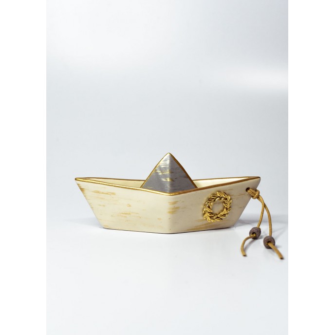 Ceramic boat made in Greece with metal element wreath