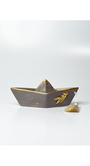 Ceramic boat made in Greece with metal element olive gray