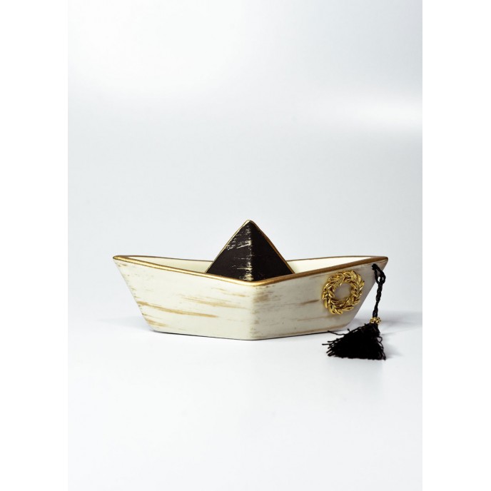 Ceramic boat made in Greece with metal element wreath black beige