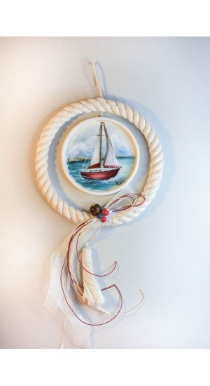 Ceramic pendant charm with red boat design