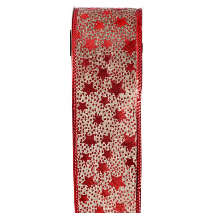  CHRISTMAS WIRED RIBBON 6.3CM X 9METERS WITH SMALL RED STARS 
