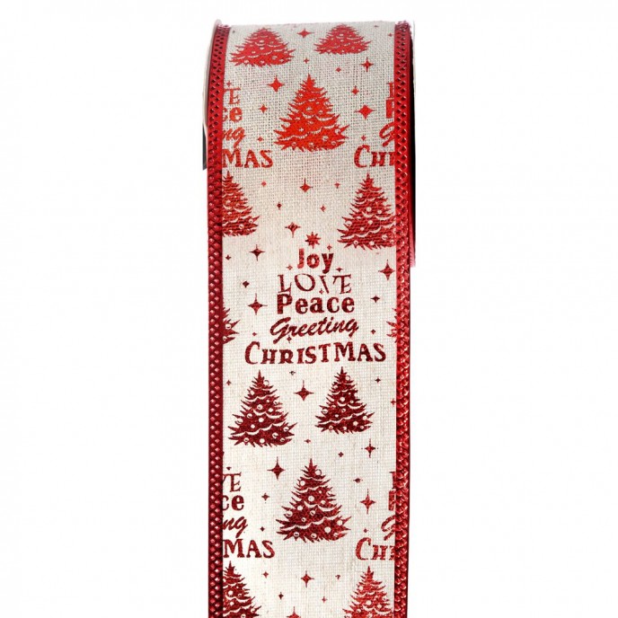  CHRISTMAS WIRED RIBBON 6.3CM X 9METERS CREAM WITH RED WISHES 