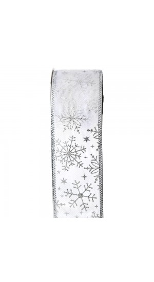  CHRISTMAS WIRED RIBBON 6.3CM X 9METERS WHITE WITH SILVER SNOWFLAKES