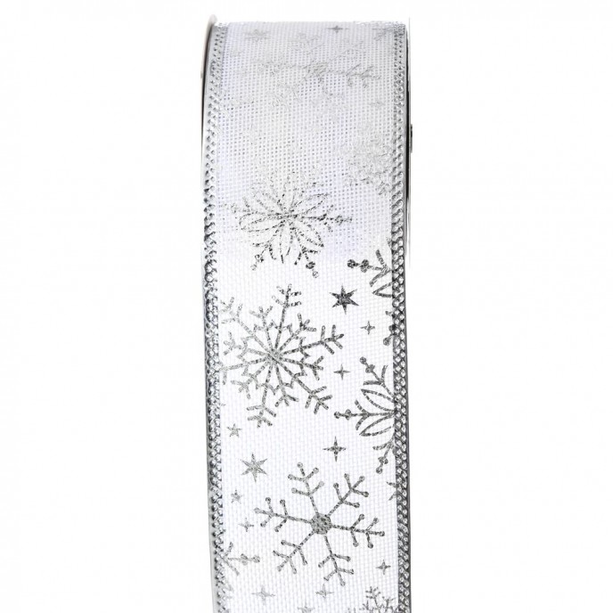  CHRISTMAS WIRED RIBBON 6.3CM X 9METERS WHITE WITH SILVER SNOWFLAKES 