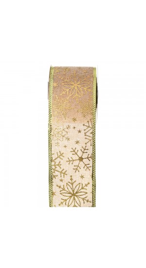  CHRISTMAS WIRED RIBBON 6.3CM X 9METERS WITH GOLD SNOWFLAKES