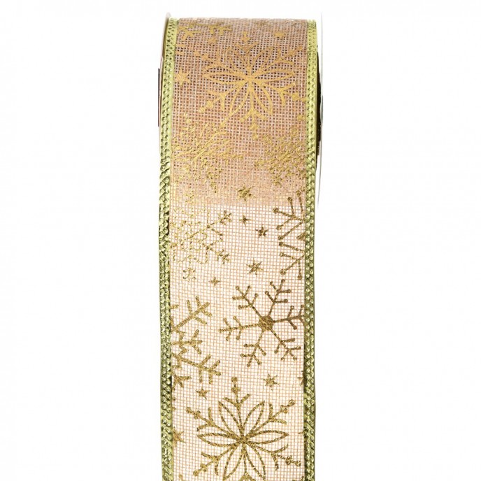  CHRISTMAS WIRED RIBBON 6.3CM X 9METERS WITH GOLD SNOWFLAKES 