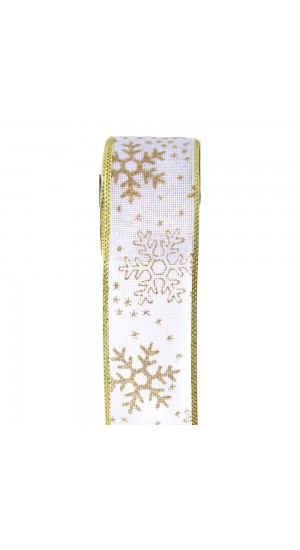  CHRISTMAS WIRED RIBBON 6.3CM X 9METERS WHITE WITH GOLD GLITTER SNOWFLAKES