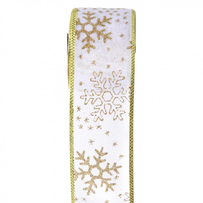  CHRISTMAS WIRED RIBBON 6.3CM X 9METERS WHITE WITH GOLD GLITTER SNOWFLAKES 