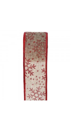  CHRISTMAS WIRED RIBBON 6.3CM X 9METERS WITH RED GLITTER SNOWFLAKES