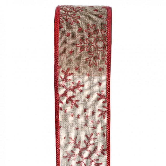  CHRISTMAS WIRED RIBBON 6.3CM X 9METERS WITH RED GLITTER SNOWFLAKES 