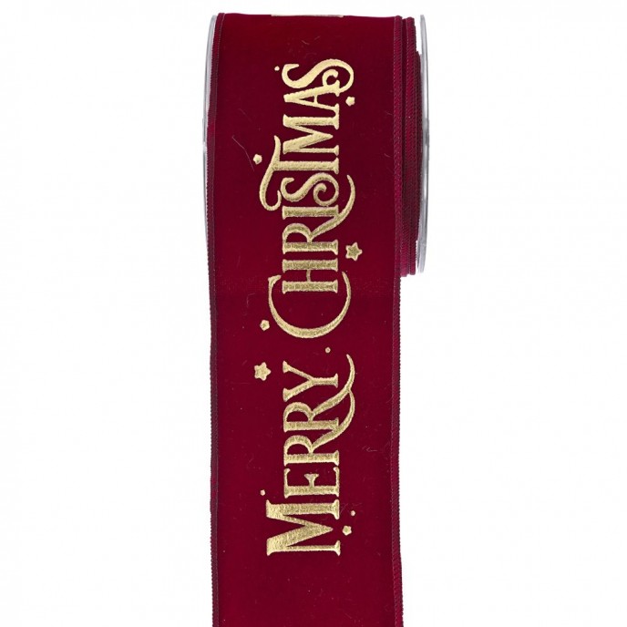  XMAS RIBBON VELVET LUXURY MERRY CHRISTMAS 8cmX9m BURGUNDY-GOLD 