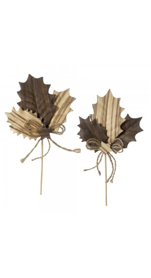  X MAS DECO 28CM PICK WITH WOODEN LEAVES