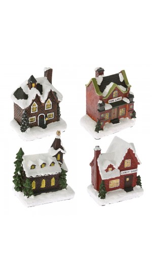  CHRISTMAS RESIN HOUSES ANIMATED WITH LIGHT 8X6X10CM  IN 4 STYLES