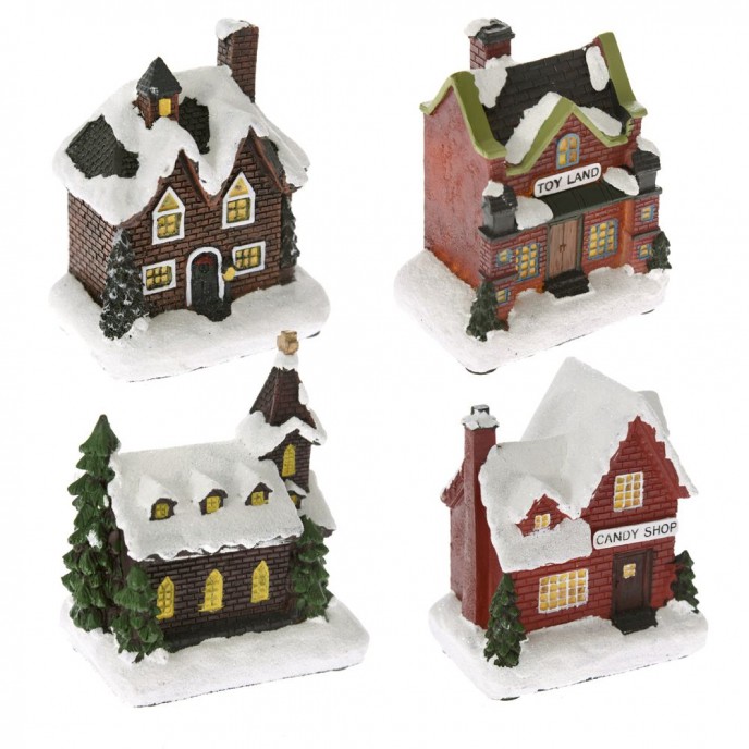  CHRISTMAS RESIN HOUSES ANIMATED WITH LIGHT 8X6X10CM  IN 4 STYLES 