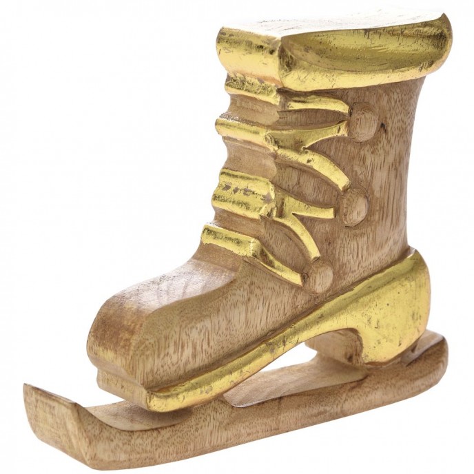  XMAS WOODEN ICE SKATE NATURAL GOLD 16X4X20CM 