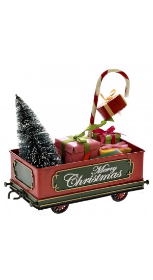  XMAS RED METAL MINIATURE WAGON WITH GIFTS 22X11X17CM