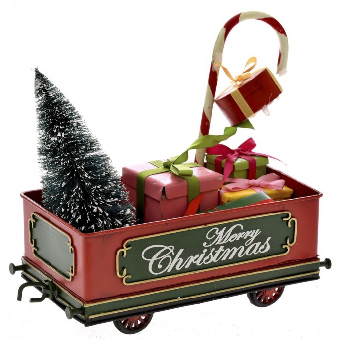  XMAS RED METAL MINIATURE WAGON WITH GIFTS 22X11X17CM 
