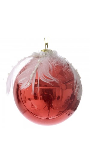  XMAS BALL 10CM  SET 3 W FEATHERS RED