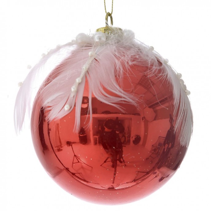  XMAS BALL 10CM  SET 3 W FEATHERS RED 