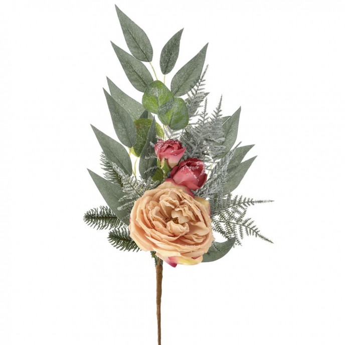  XMAS STEM WITH FROSTED ROSE 55CM 