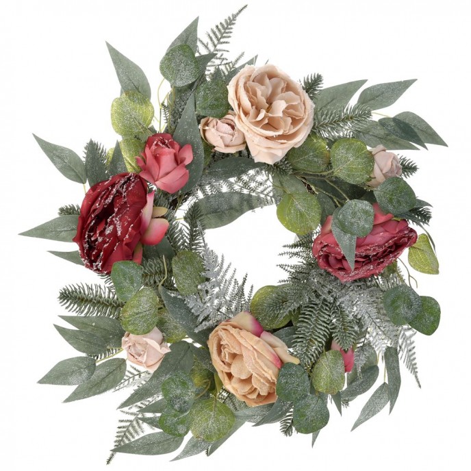  XMAS WREATH WITH FROSTED ROSE 50CM 