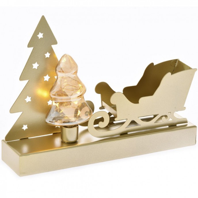  XMAS GOLD METAL BASE WITH SLEDGE WITH LIGHT 24X5X17CM 