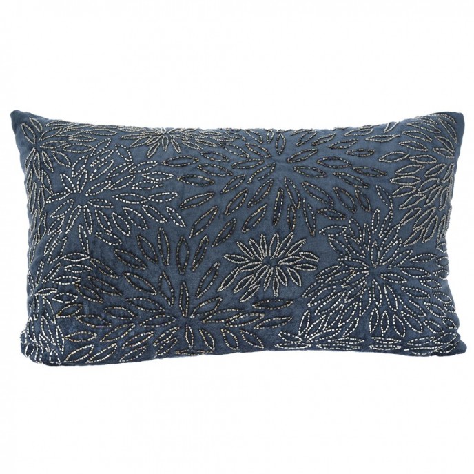  BLUE VELVET FABRIC CUSHION 50X30CM WITH BEADS Pillows
