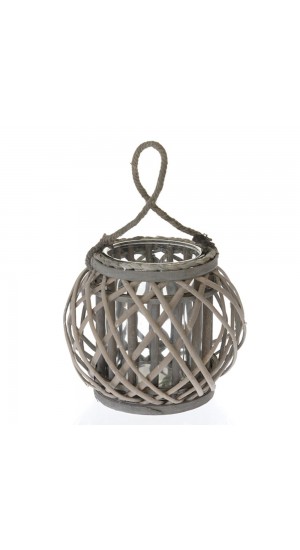  BROWN WILLOW ROUND LANTERN WITH GLASS D 26X23 CM