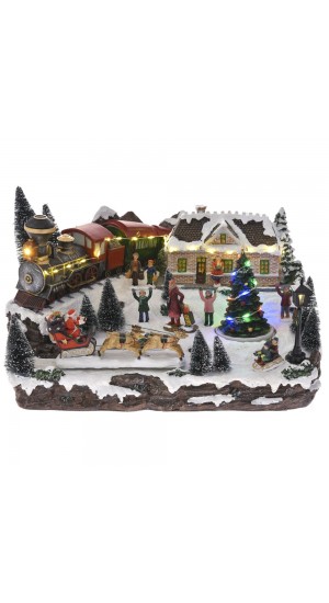  CHRISTMAS VILLAGE ANIMATED WITH LIGHTS MUSIC AND A ROTATING TREE 36X28X23CM