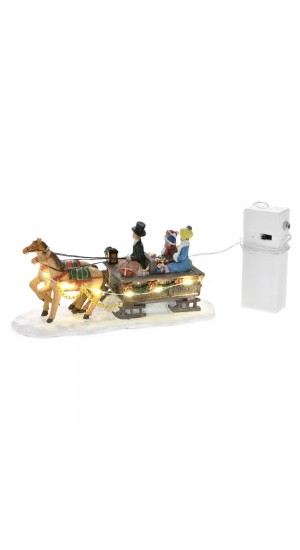 XMAS POLYRESIN FAMILY IN CARRIAGE WITH HORSES WITH LED LIGHTS 17X6X8CM