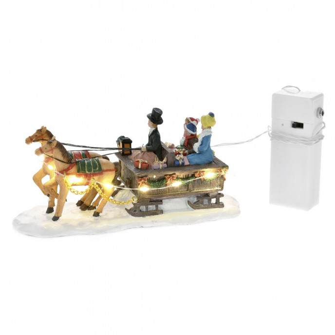  XMAS POLYRESIN FAMILY IN CARRIAGE WITH HORSES WITH LED LIGHT 17X6X8CM 