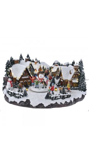  CHRISTMAS VILLAGE ANIMATED WITH LIGHTS MUSIC AND A ROTATING SNOWMAN 41X32X21CM