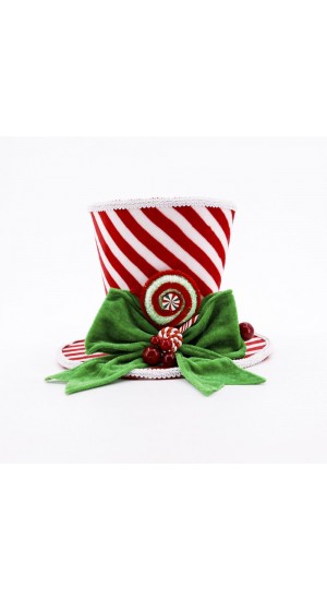  XMAS RED-WHITE STRIPES TOP HAT WITH GREEN BOW D23X18CM