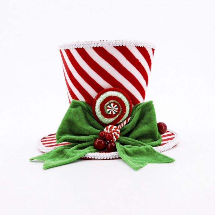  XMAS RED-WHITE STRIPES TOP HAT WITH GREEN BOW D23X18CM 