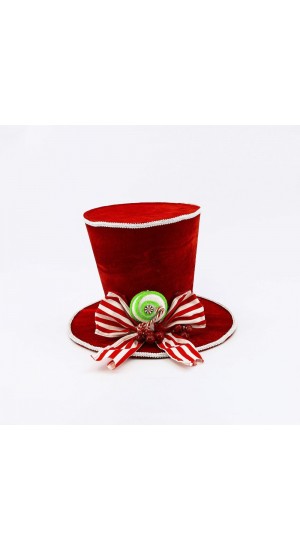  XMAS RED TOP HAT WITH STRIPED BOW D35X24CM