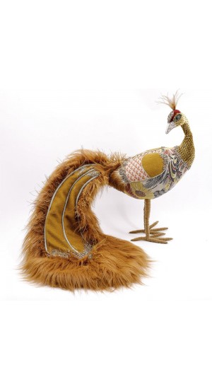  XMAS GOLDEN BROCADE PEACOCK WITH FUR ON THE TAIL 93X40X55CM