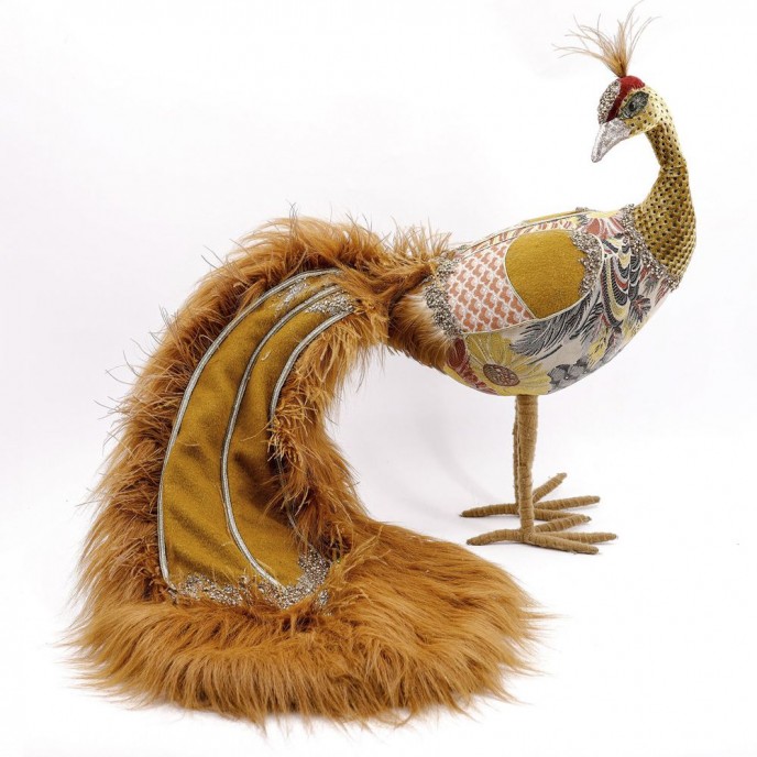  XMAS GOLDEN BROCADE PEACOCK WITH FUR ON THE TAIL 93X40X55CM 