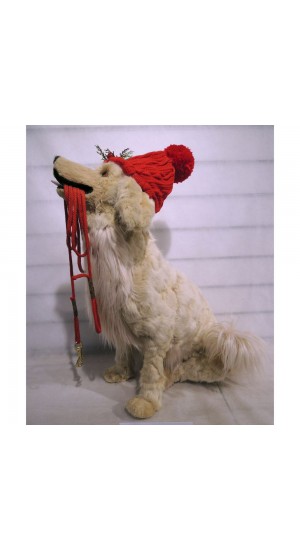  XMAS BROWN FUR DOG WITH RED HAT 52X30X62CM