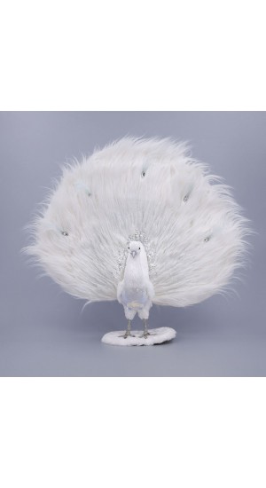  XMAS WHITE PEACOCK WITH FUR ON THE TAIL 54X17X63CM