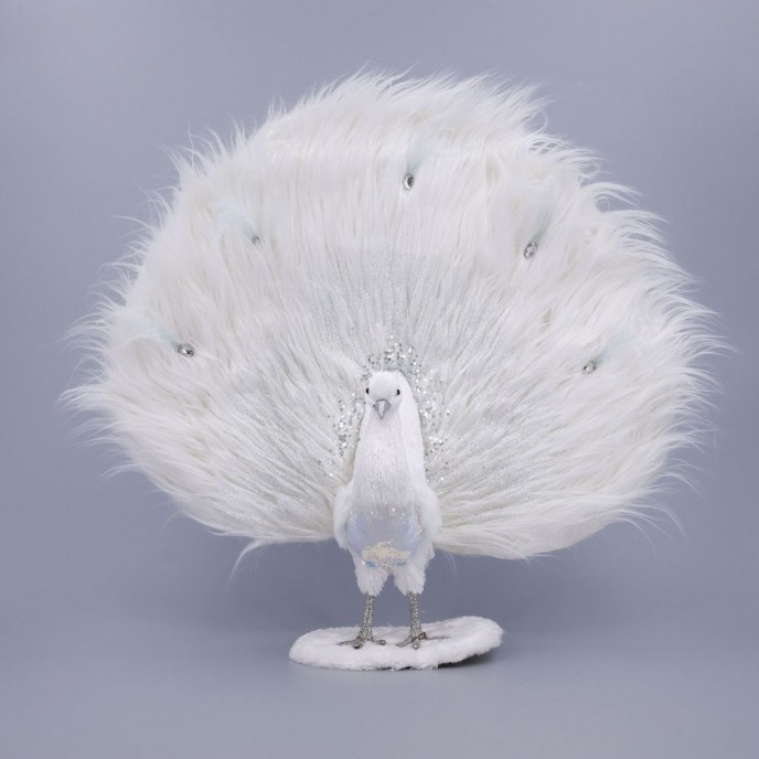  XMAS WHITE PEACOCK WITH FUR ON THE TAIL 54X17X63CM 
