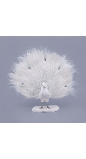  XMAS WHITE PEACOCK WITH FUR ON THE TAIL 40X13X40CM