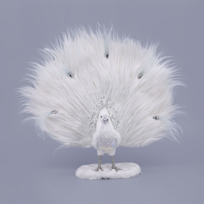  XMAS WHITE PEACOCK WITH FUR ON THE TAIL 40X13X40CM 