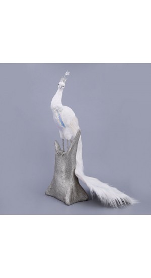  XMAS WHITE PEACOCK WITH FUR ON THE TAIL 53X48X81CM