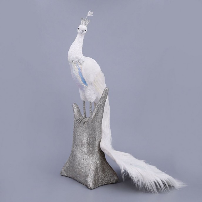  XMAS WHITE PEACOCK WITH FUR ON THE TAIL 53X48X81CM 