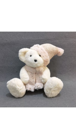  XMAS CREAM BEAR WITH PINK SCARF AND HAT 27X19X25CM