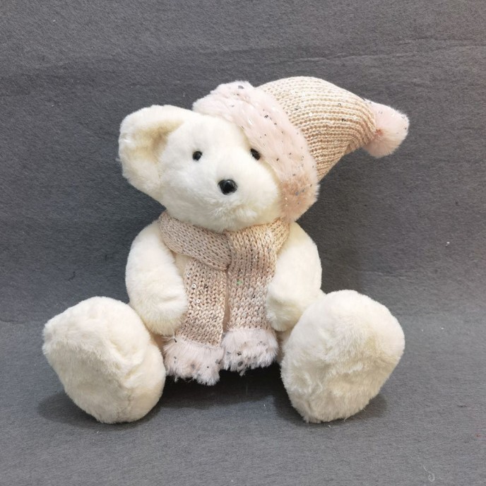  XMAS CREAM BEAR WITH PINK SCARF AND HAT 19X25X22CM 