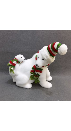  POLAR BEAR WITH BABY WEARING MULTI COLOR HAT AND SCARF 37X24X39 CM