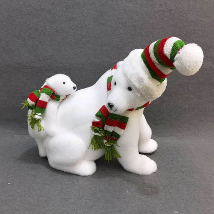  POLAR BEAR WITH BABY WEARING MULTI COLOR HAT AND SCARF 37X24X39 CM 
